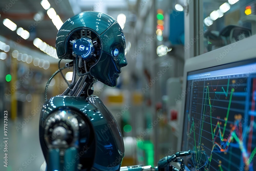 Poster humanoid robot analyzing graph on computer at workplace.