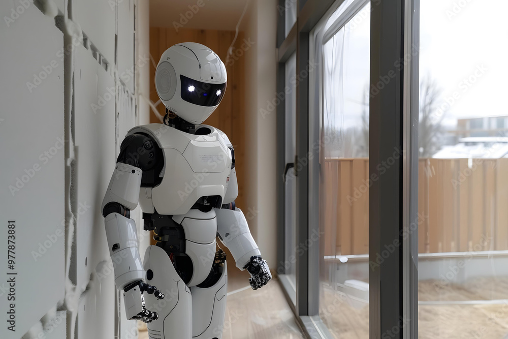 Poster humanoid robot conducting energy efficient building audit and insulation