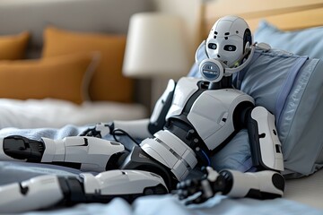 Fototapeta premium Humanoid Robot Lying On Bed With CPAP Machine