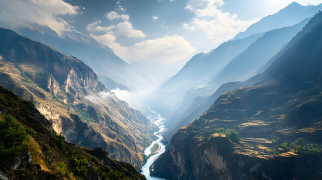 A deep mountain canyon with sheer cliffs carved by a fast-flowing river that winds through the valley below.