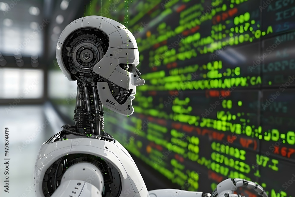 Poster humanoid robot malware attack. business computer hacked. security breach.