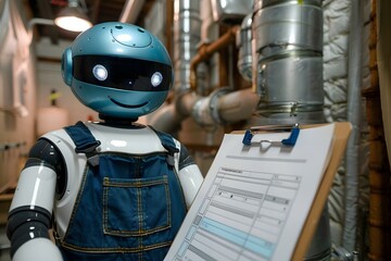 Naklejka premium Young Happy Humanoid Robot In Overall Holding Clipboard And Pen, robot, water, ai, artificial, heater, intelligence, code, plumber, tech, machine, plumbing, technology, future, boiler, 4, 0