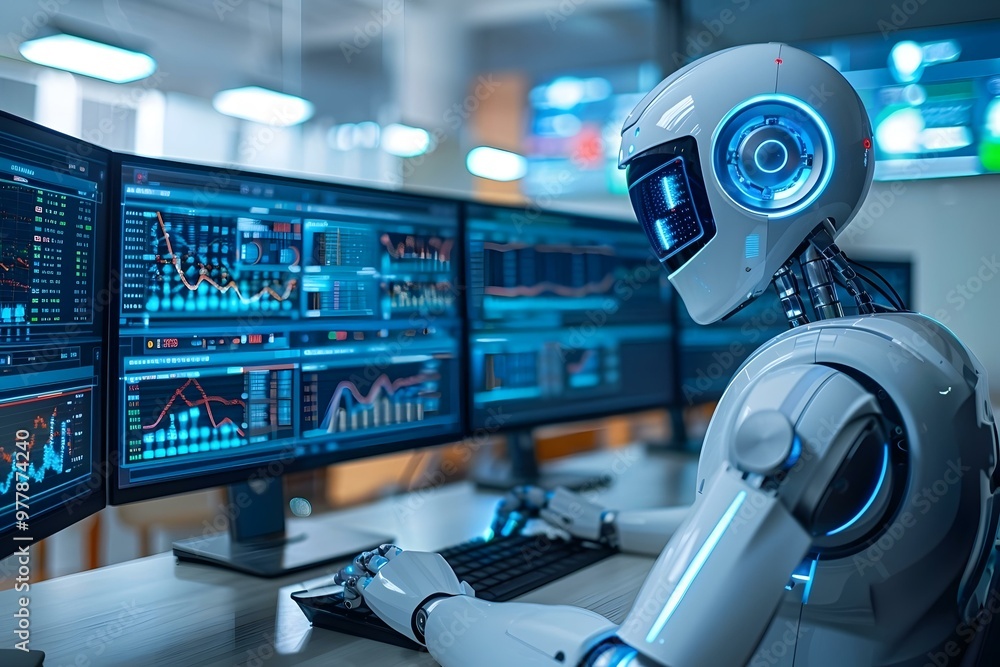 Poster humanoid robot analyzing data displayed on computer screens at desk in office.