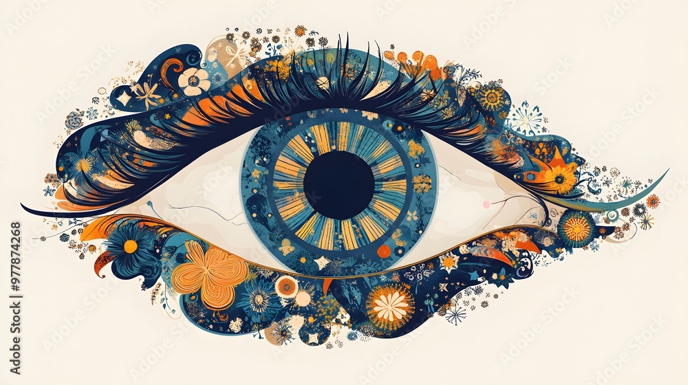 Poster intricate artistic representation of an eye surrounded by abstract patterns, with a detailed iris an