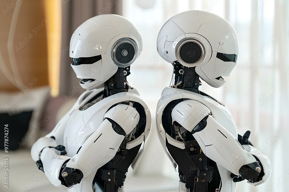 Poster side view of unhappy humanoid robot standing back to back in a home setting, arguing and disagreeing