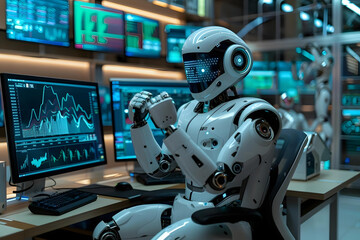 Humanoid robot with good performance graph sitting at his desk with statistical reports spread over three monitors cheering and clasping his fists.