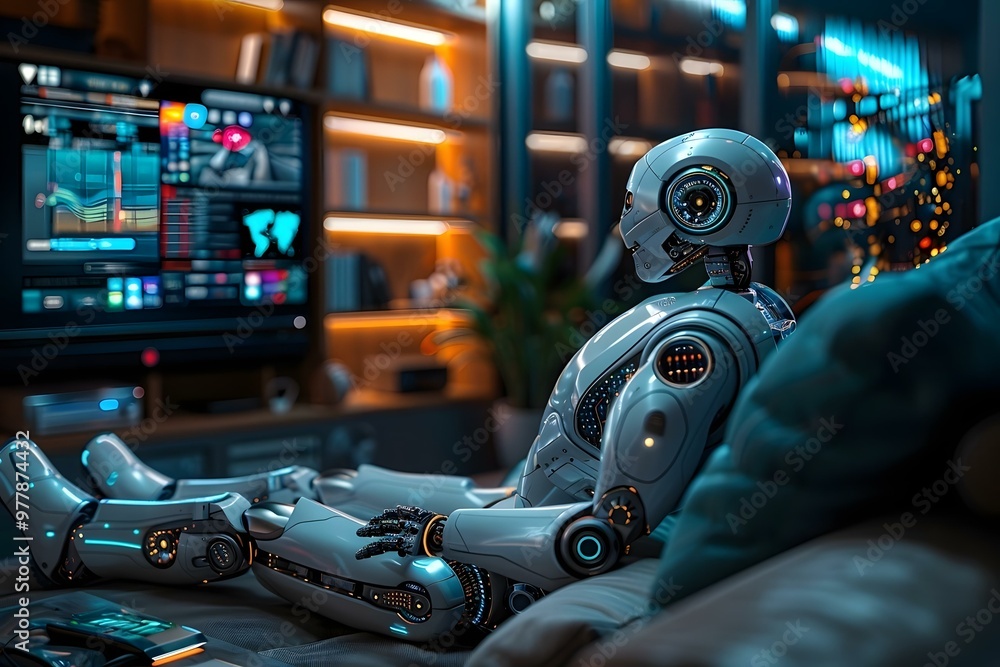 Poster humanoid robot lying on sofa watching television with colorful applications on screen.