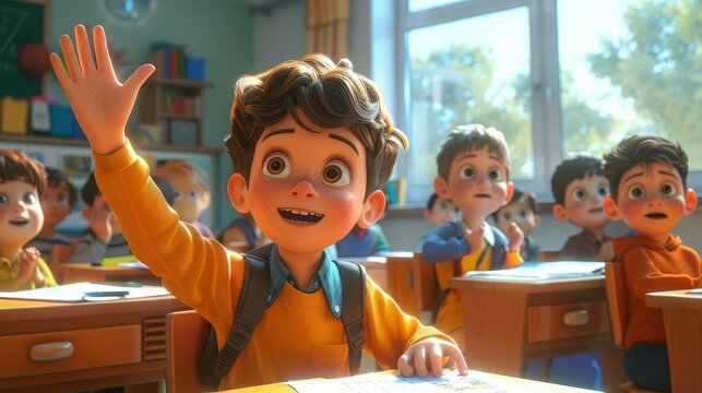 Charming 3D cartoon art of a child learning basic classroom etiquette like raising hand and listening attentively, preparing for social interactions