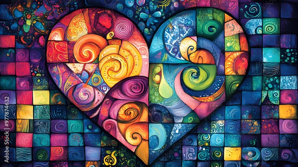Poster patchwork heart design with vibrant swirls and colorful squares