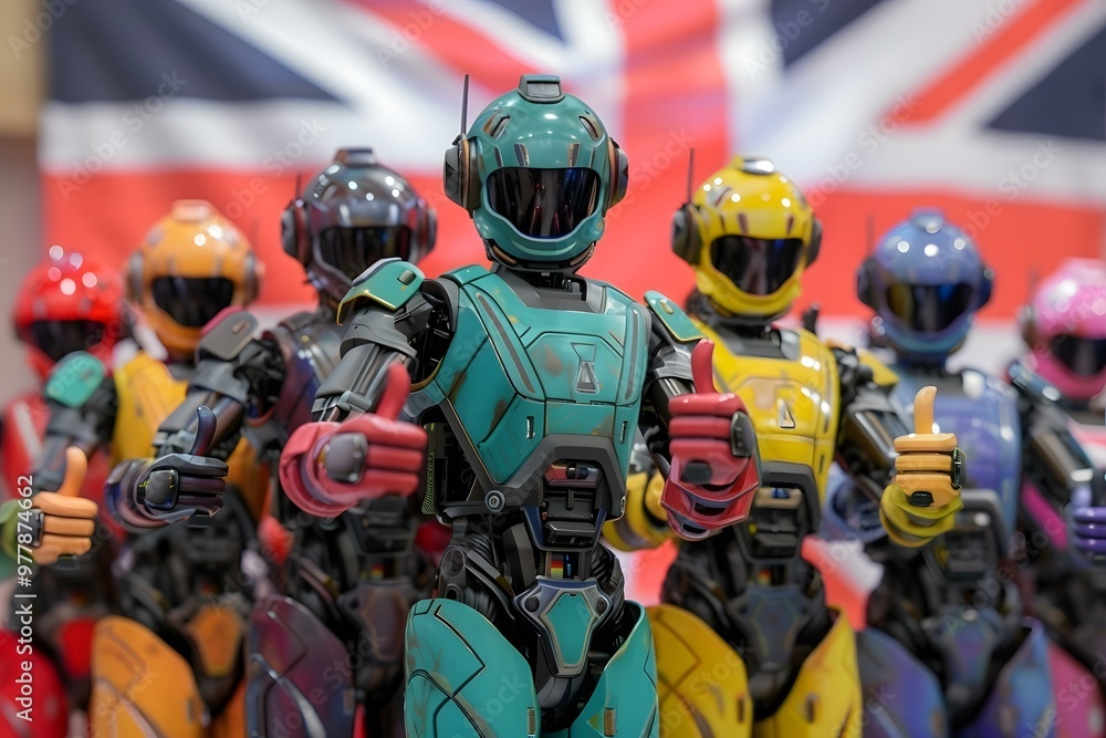 Poster group of happy multi ethnic humanoid robots standing in front of uk flag showing thumb up.