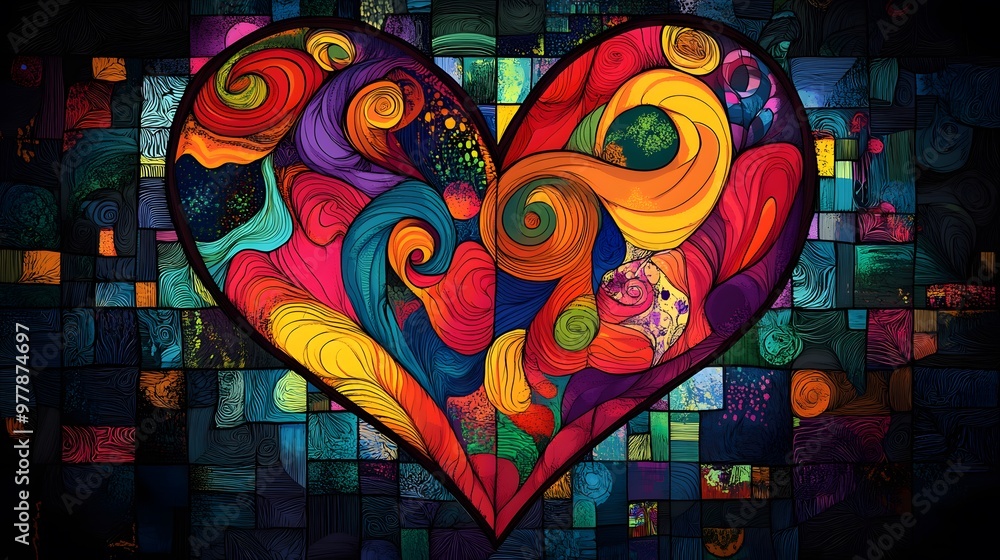 Poster patchwork heart design with vibrant swirls and colorful squares