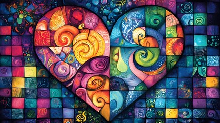 Fototapeta premium Patchwork heart design with vibrant swirls and colorful squares