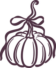 Whimsical hand drawn pumpkin in black outline with ribbon bow. Minimalist vector design. Halloween and autumn decoration. Clipart illustratoon