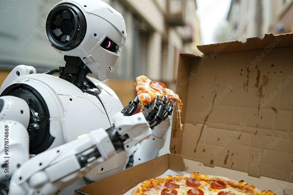 Poster close-up of humanoid robot taking slice of pizza from the box