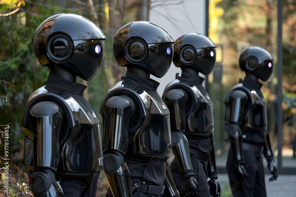 Poster rear view of humanoid robot security guards in black uniform standing outside building
