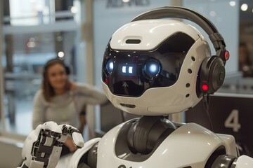 Fototapeta premium Young Call Center Team Talking With humanoid robot, robot, call, ai, artificial, diverse, intelligence, code, team, tech, machine, multicultural, technology, future, support, 4, 0, customer