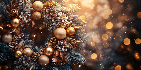 Golden Christmas Wreath with Pine Cones and Ornaments