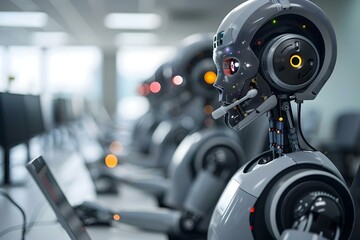 Fototapeta premium Group of humanoid robot customer service representatives in a call center office.