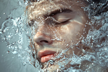 Water flowing down dynamically among rocks with motion blur effect. The water appears powerful and energetic, symbolizing the beauty and strength of flowing water in nature.