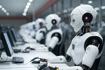Group of humanoid robots working in a customer service center.