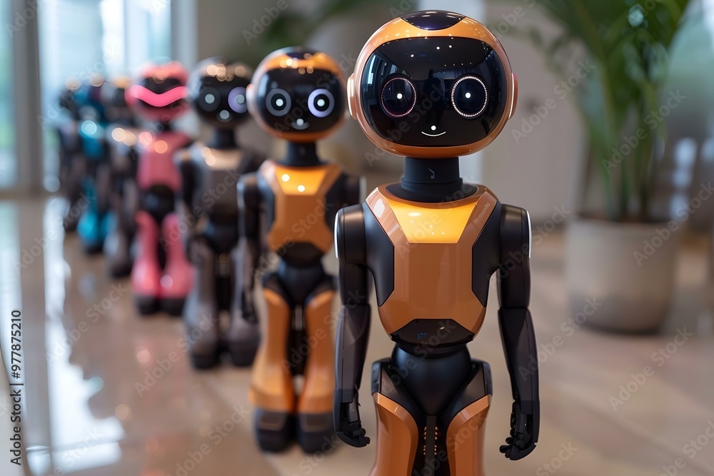 Poster group of happy multiracial business robots standing in a row.