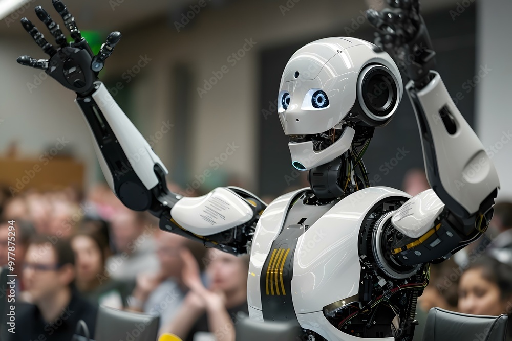Poster humanoid robot giving a lecture with hands raised in the air at a business seminar on artificial int