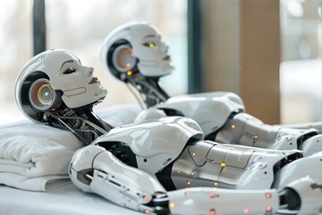 Fototapeta premium Attractive Robot Couple Lying Side By Side Enjoying Spa Treatment.