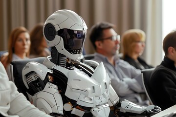 Bored Humanoid Robot At Presentation With Colleagues In Office