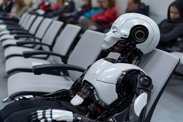 Fototapeta premium Humanoid Robot Sleeping on Chair in a Waiting Room, Queue, AI, Artificial, Bored, Intelligence, Code, Line, Tech, Machine, Sleep, Technology, Future, Room, 4, 0, Unhappy, Industry, Robotic