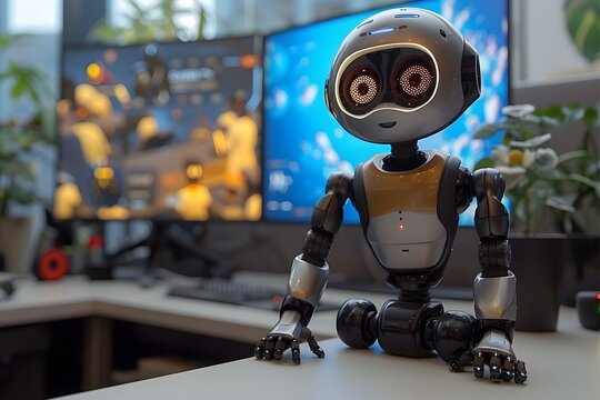 Humanoid robot attending video conference at desk in office