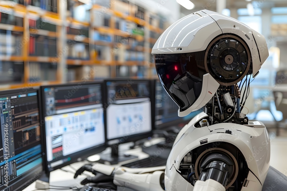 Poster humanoid robot graphic designer working on multiple computer screens.
