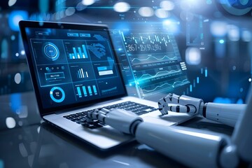 Humanoid Robot And Digital Data Technology. KPI Dashboard On Laptop.
