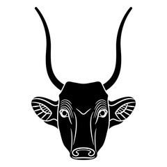 Horned head of a cow or bull. Ancient Egyptian animal design. Black and whit silhouette.
