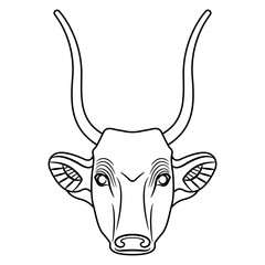 Horned head of a cow or bull. Ancient Egyptian animal design. Black and white linear silhouette.