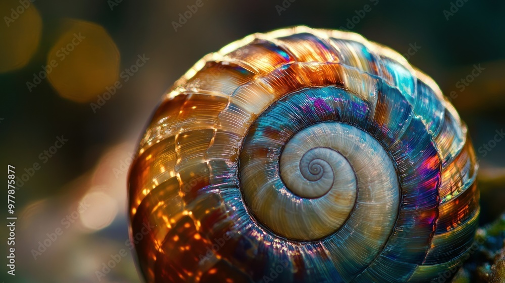 Poster close-up of a snail shell with iridescent colors and intricate spirals