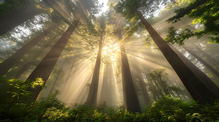 A foggy morning in a forest of towering redwood trees with rays of sunlight breaking through the mist.