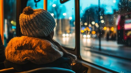 Woman wearing a knitted hat looks out the window of a bus in a city at night.