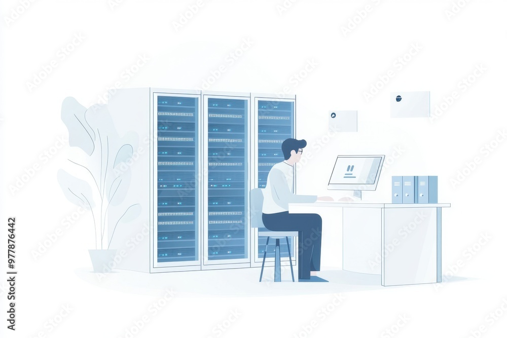 Poster a web host working at a desk with a server rack in the background the background is white, with blue