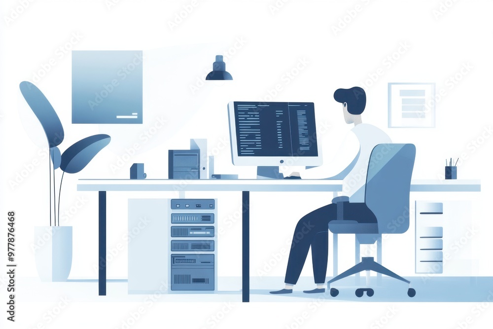 Poster a web host working at a desk with a server rack in the background the background is white, with blue