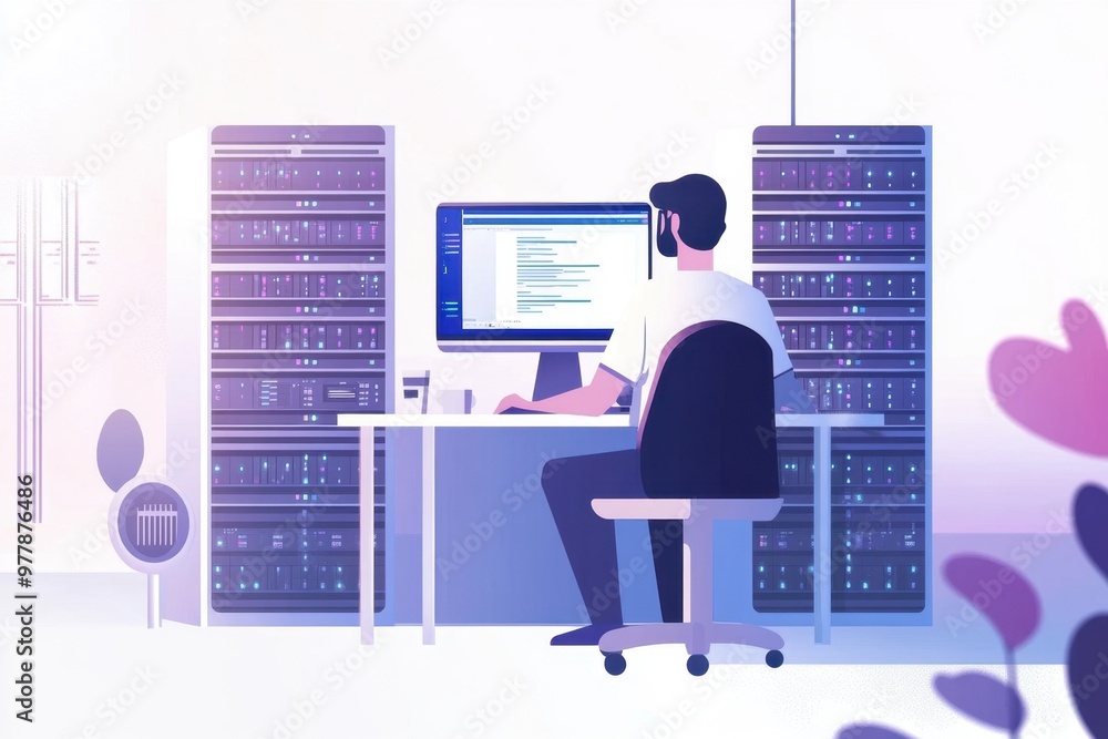Poster a wonderfully detailed flat illustration of a web host working at his desk in front of a computer, w