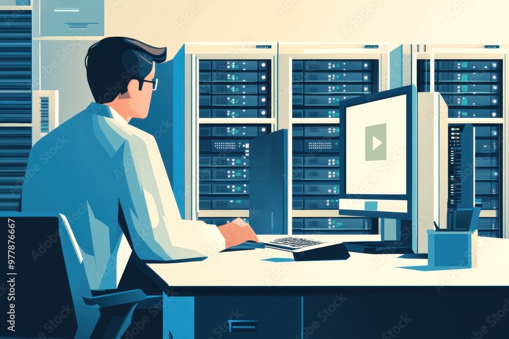 Poster a wonderfully detailed flat illustration of a web host working at his desk in front of a computer, w