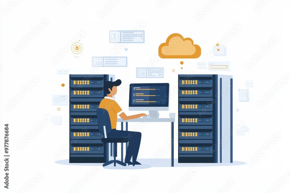 Poster man sitting at his desk in front of a computer, surrounded by large server racks and cloud storage o