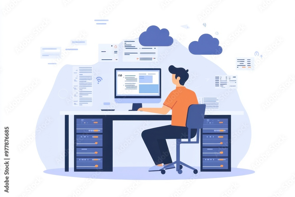 Fototapete man sitting at his desk in front of a computer, surrounded by large server racks and cloud storage o