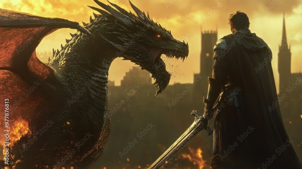 Wall mural A Knight Faces a Raging Black Dragon in a Fiery Setting