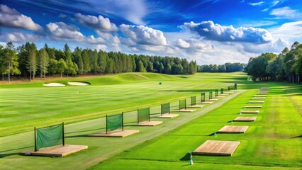 Obraz premium Panoramic view of a golf course driving range with yardage signs for 100, 125, and 150 feet targets on natural grass field