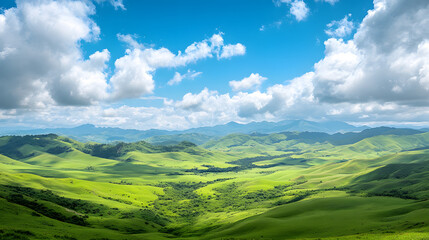 Obraz premium A green valley with rolling hills and distant mountains under a bright blue sky with fluffy clouds.