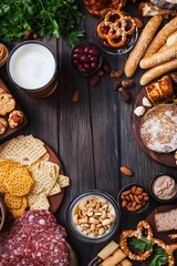 Border of beer glass with various snacks set on wooden table. Flat lay, top view. Oktoberfest festival celebration. Traditional party snacks. Pretzels, nuts, chips. Invitation, greeting