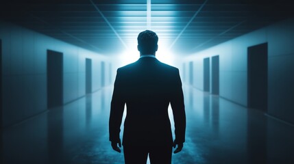 A man in a suit stands in a long hallway with a bright light shining on him
