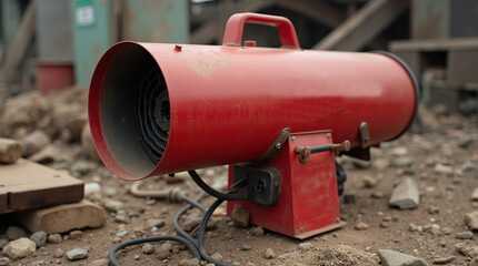 Red fuel-powered construction heater on a rocky surface