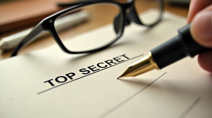 Close-up of top secret document with glasses and pen